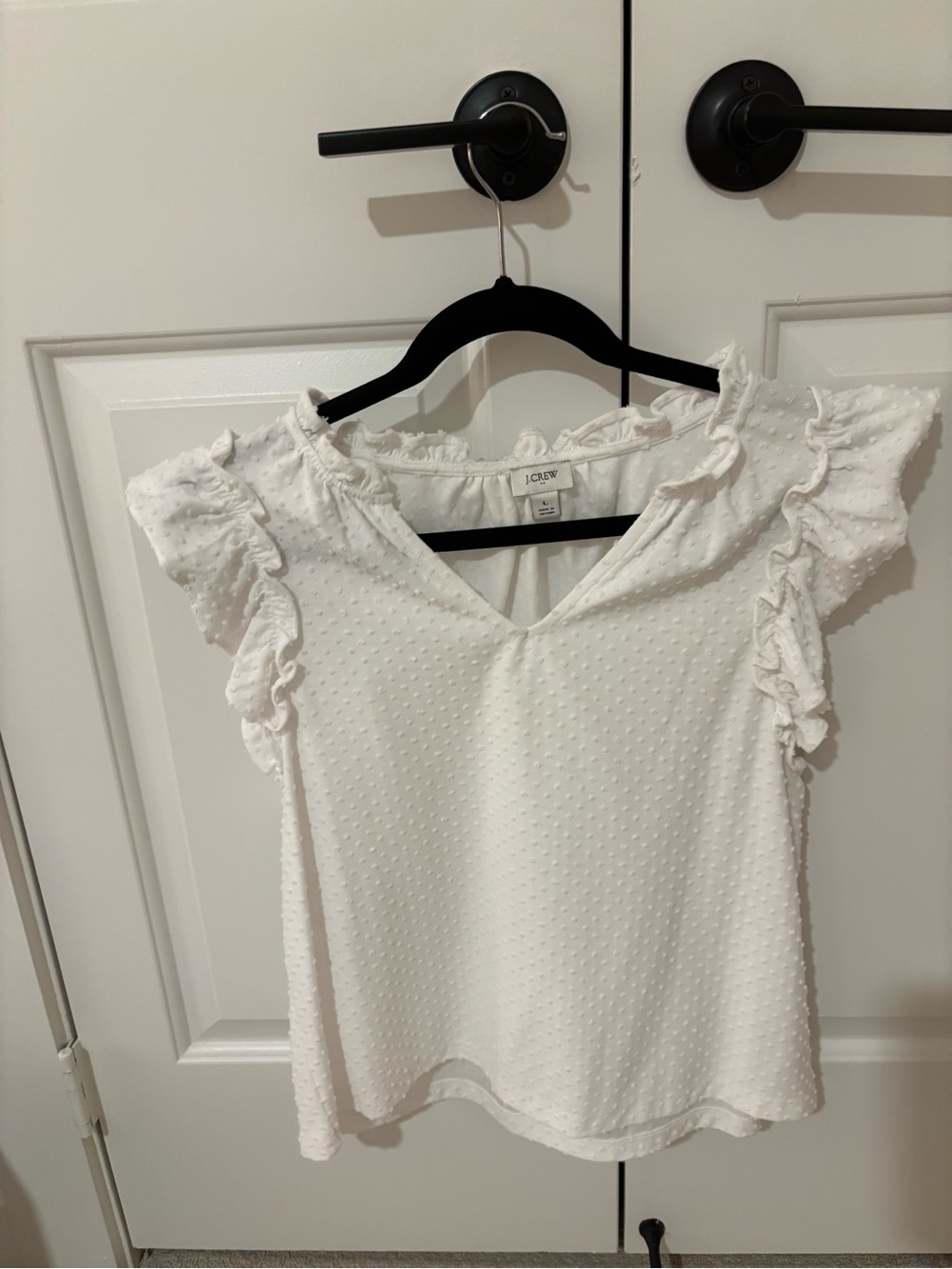 J. Crew White Swiss Dot Ruffle Sleeve Blouse